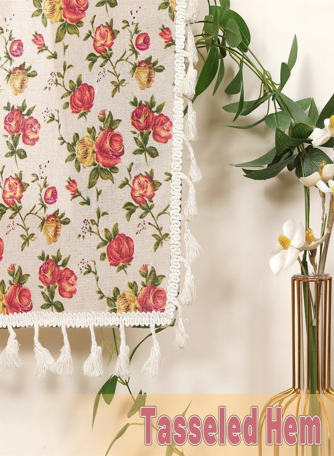 Moslovstar 2 Panels Linen Tassels Curtains Farmhouse Red Rose Flower Vintage Semi Sheer Window Curtain for Kitchen Bathroom, 26x36in Tiers Curtain - Image 4